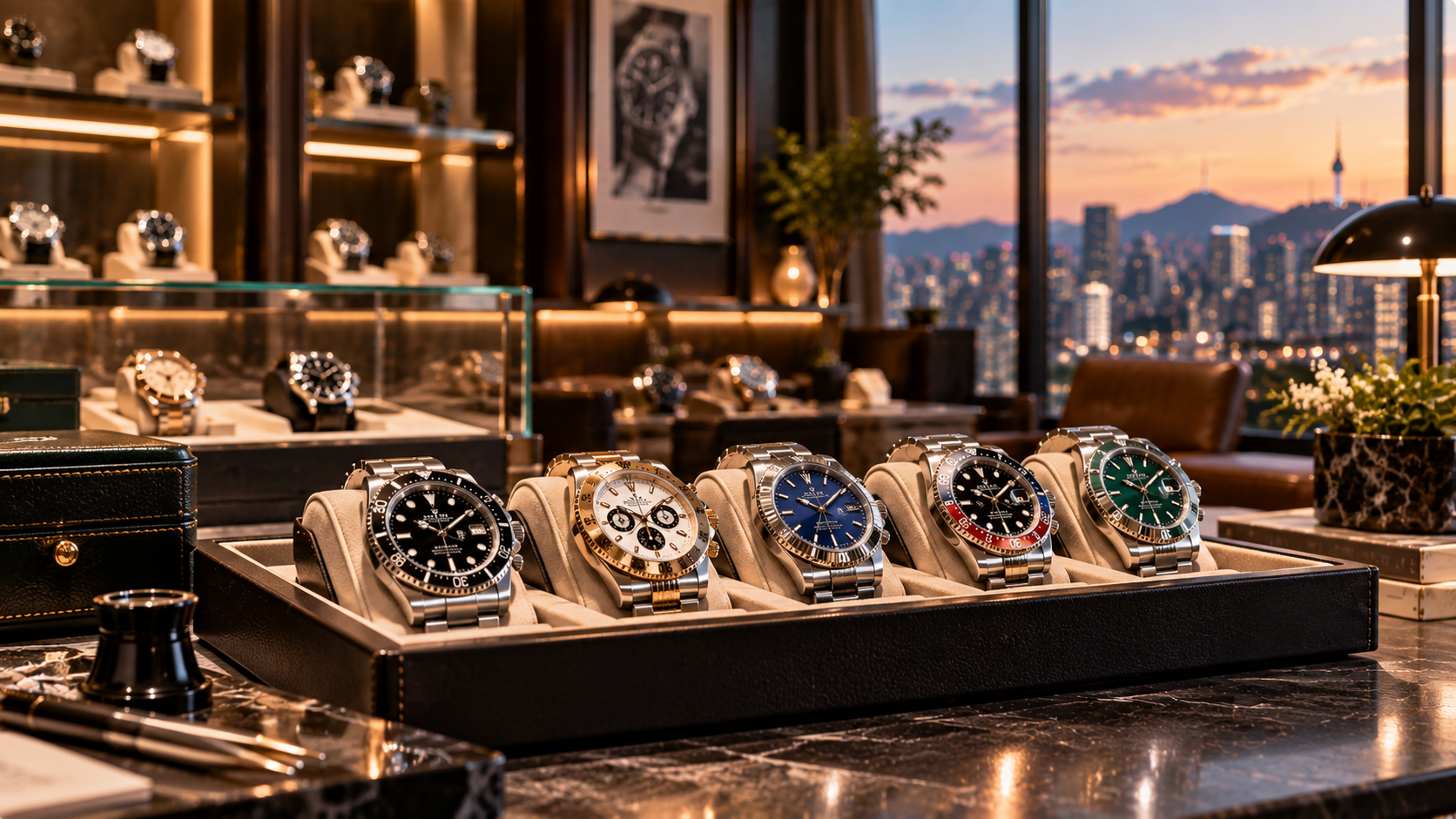 Luxury watch collection displayed at OVIDE boutique, Seoul skyline in background