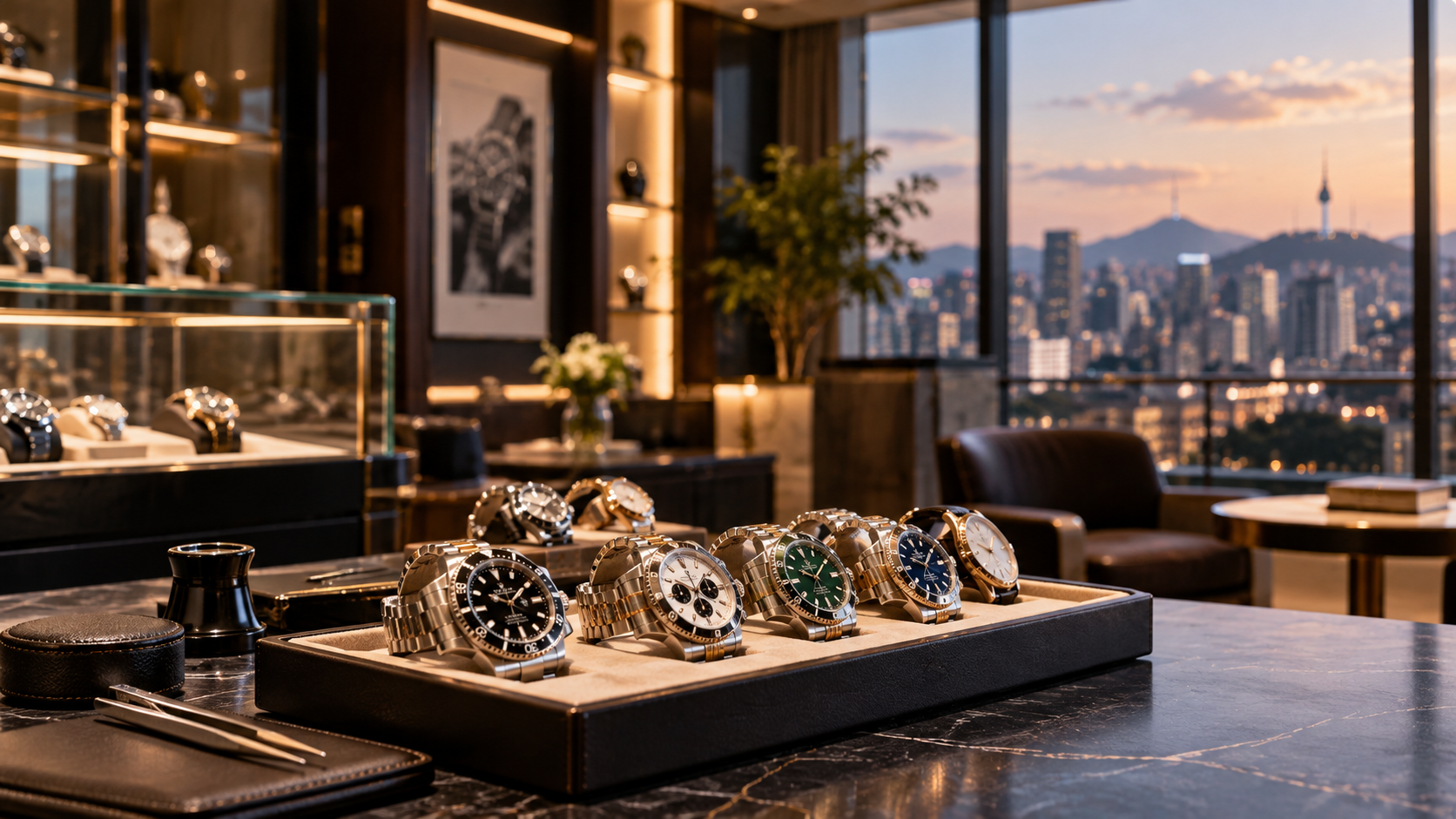 OVIDE boutique interior with consultation seating and Seoul skyline view