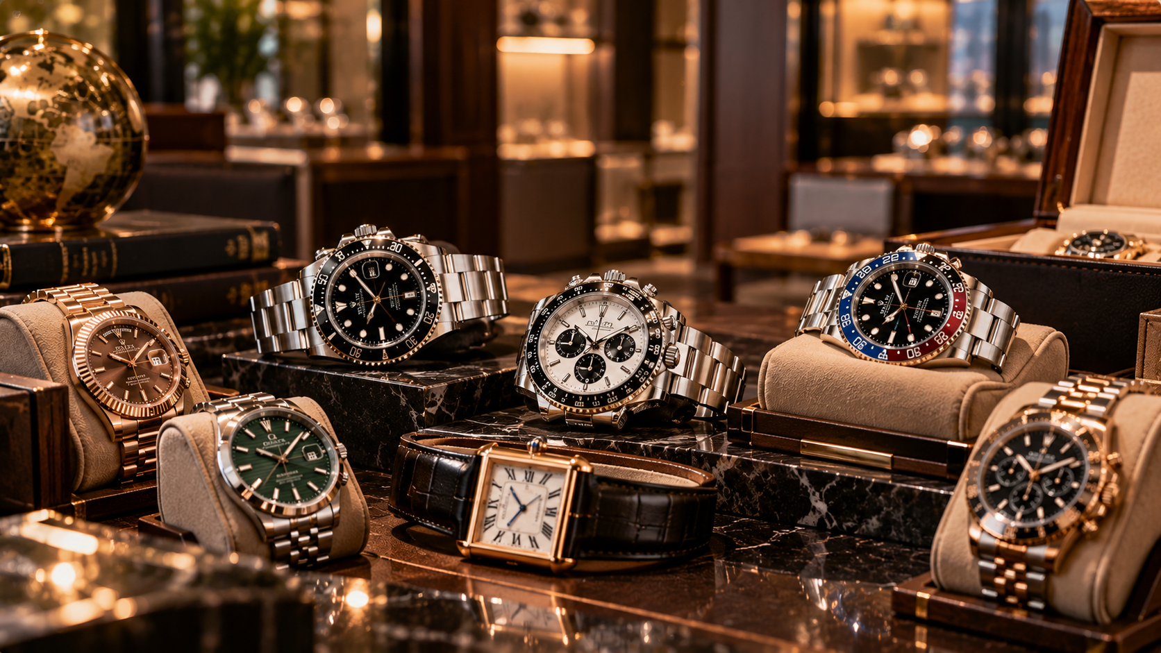 Luxury watch collection with a vintage globe, representing overseas sourcing